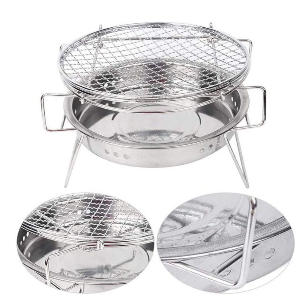 Stainless Steel Portable Round Mini Charcoal Barbeque Grills Outdoor Camping Woo